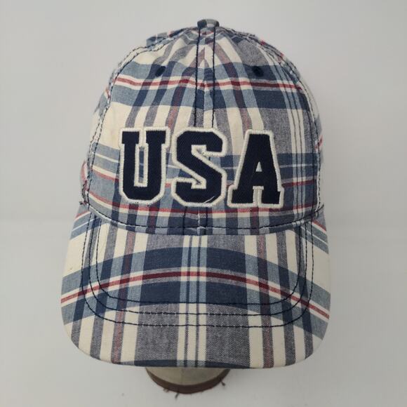 USA Patriotic Blue White Plaid Hat Strapback Cap Embroidered Spell Out - Picture 4 of 13